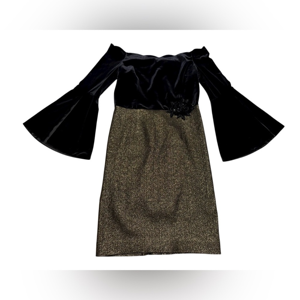 RICKIE FREEMAN TERI JON Off the Shoulder Metallic and Velvet Bell-Sleeve Size 12